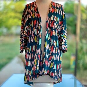 LuLaRoe Lindsay Teal Green with Feathers Kimono Beach Cover-Up ~ Women’s Small